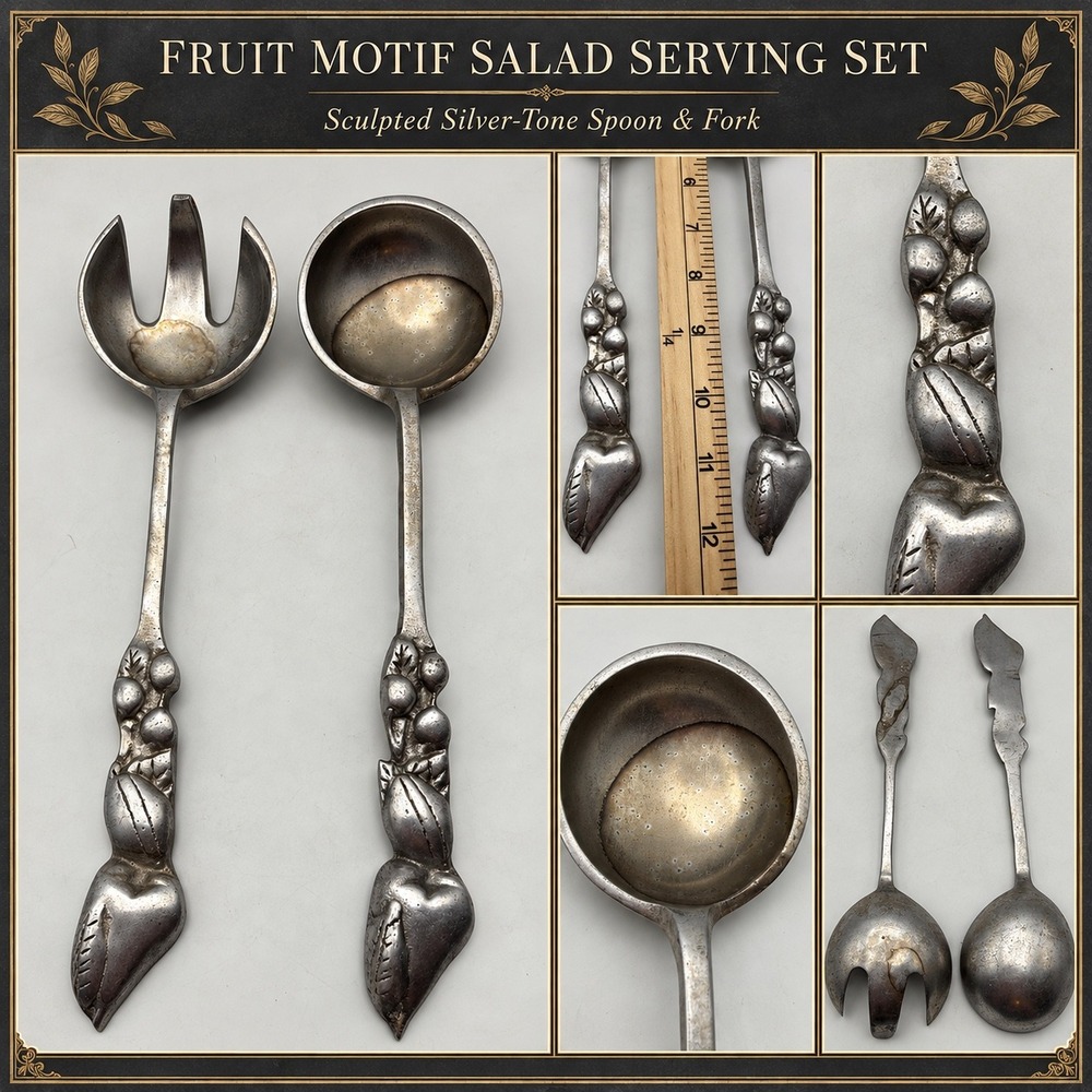 Vintage Fruit Motif Salad Serving Set Sculpted Silver Tone Metal Spoon and Fork